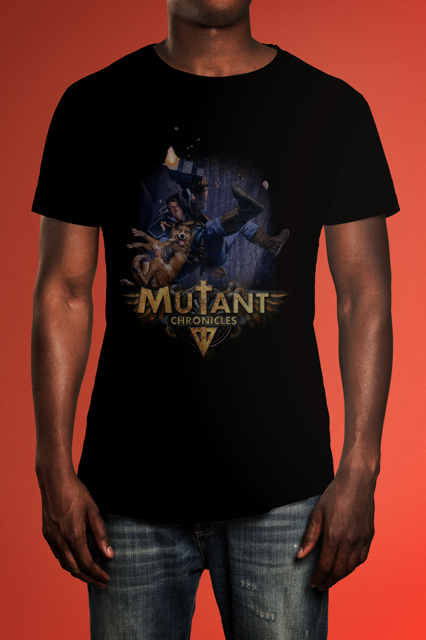Mutant Chronicles - Mitch Hunter & Pride Freefall T Shirt front mock up