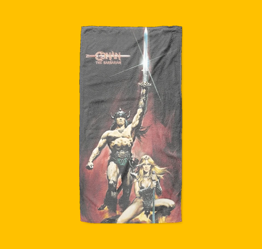 Conan - Conan The Barbarian 1982 Movie Beach Towel on Heroic Signatures yellow background