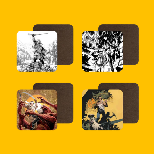 Howard Heroes Coaster Set: Fists, Blades & Magic on Heroic Signatures yellow background