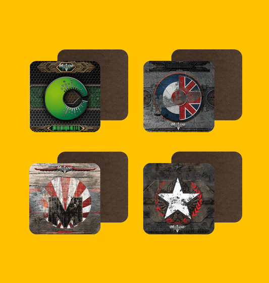 Mutant Chronicles - Factions Coaster Set on Heroic Signatures yellow background
