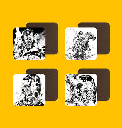 Conan - Savage Ink by Rob De La Torre Coaster Set on Heroic Signatures yellow background