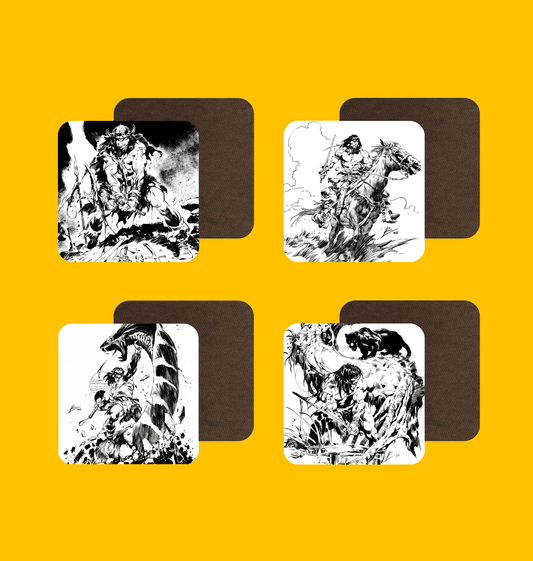 Conan - Savage Ink by Rob De La Torre Coaster Set on Heroic Signatures yellow background