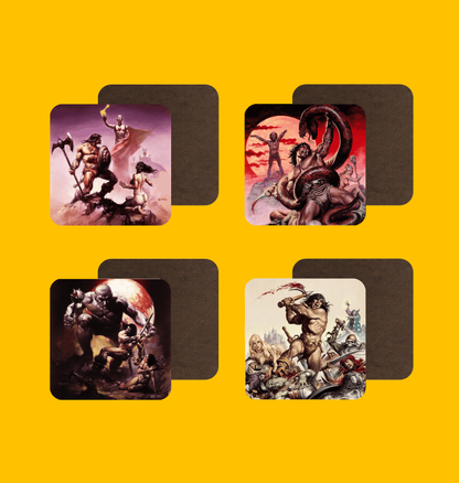 Conan - Savage Sword Boris Vallejo and Earl Norem Coaster Set on Heroic Signatures yellow background