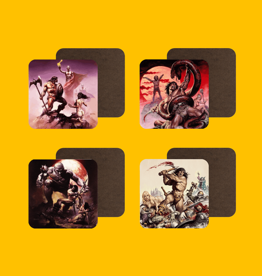 Conan - Savage Sword Boris Vallejo and Earl Norem Coaster Set on Heroic Signatures yellow background