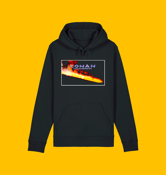 Conan - Conan the Barbarian 1982 Poster Flameforged Hoodie on Heroic Signatures yellow background