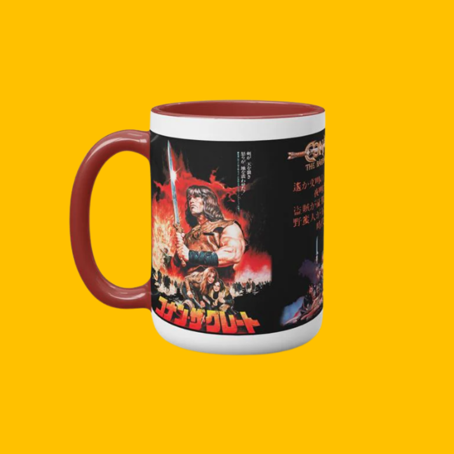 Conan - The Barbarian Japanese 1982 Movie Poster Mug on Heroic Signatures yellow background