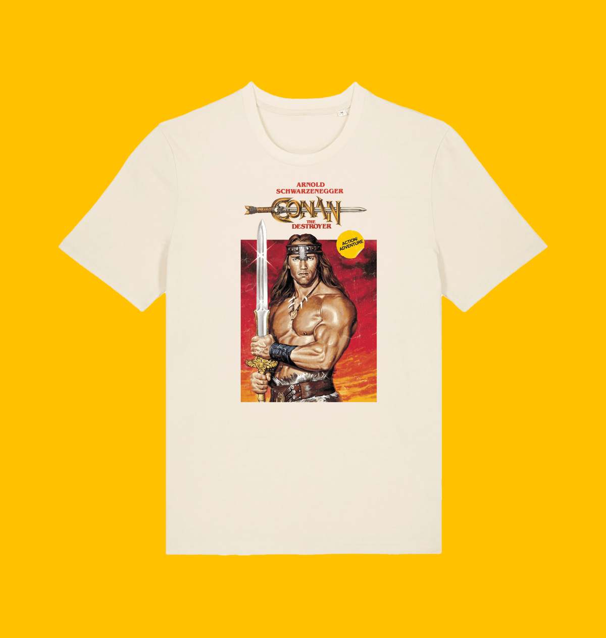 Conan - The Destroyer VHS Cover T Shirt on Heroic Signatures yellow background