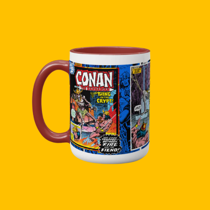 Conan - Conan vs. The Thing in the Crypt Mug on Heroic Signatures yellow background