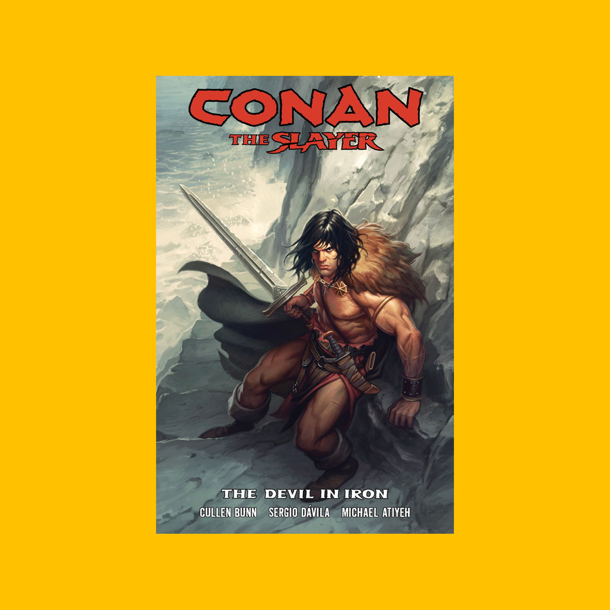 Cover of Dark Horse Conan the Slayer: The Devil in Iron Trade Paperback on a yellow background