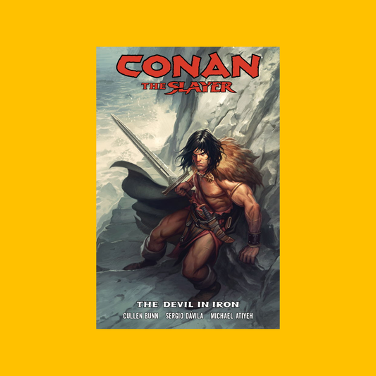 Cover of Dark Horse Conan the Slayer: The Devil in Iron Trade Paperback on a yellow background