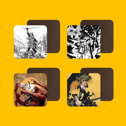 Howard Heroes Coaster Set: Fists, Blades & Magic on Heroic Signatures yellow background