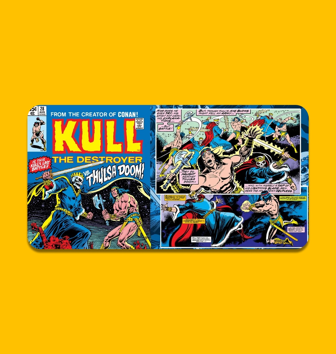 Kull: Destroyer of Doom Gaming Mat on Heroic Signatures yellow background