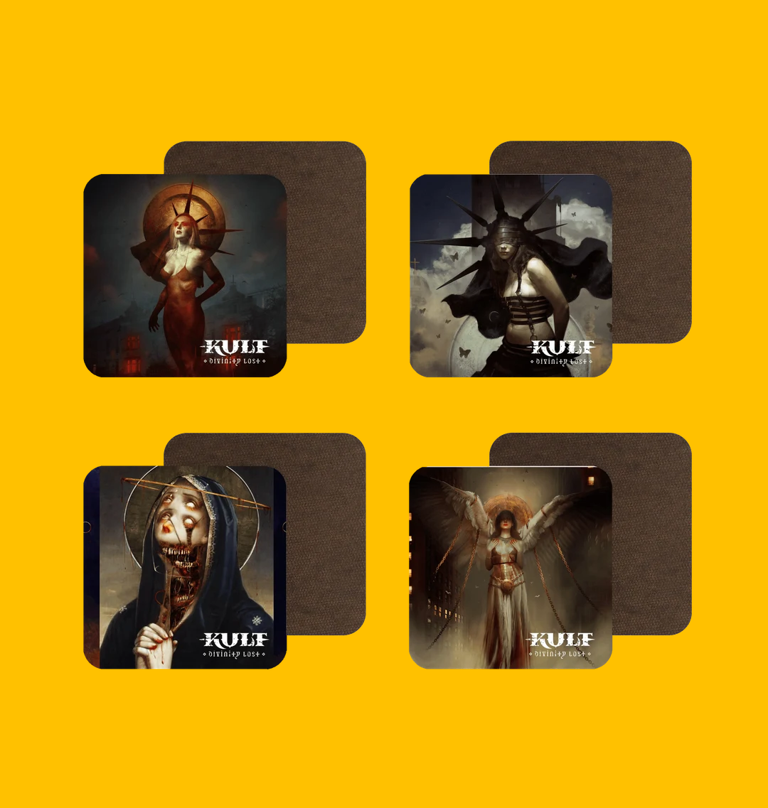 Kult: Icons of the Illusion Coaster Set on Heroic Signatures yellow background