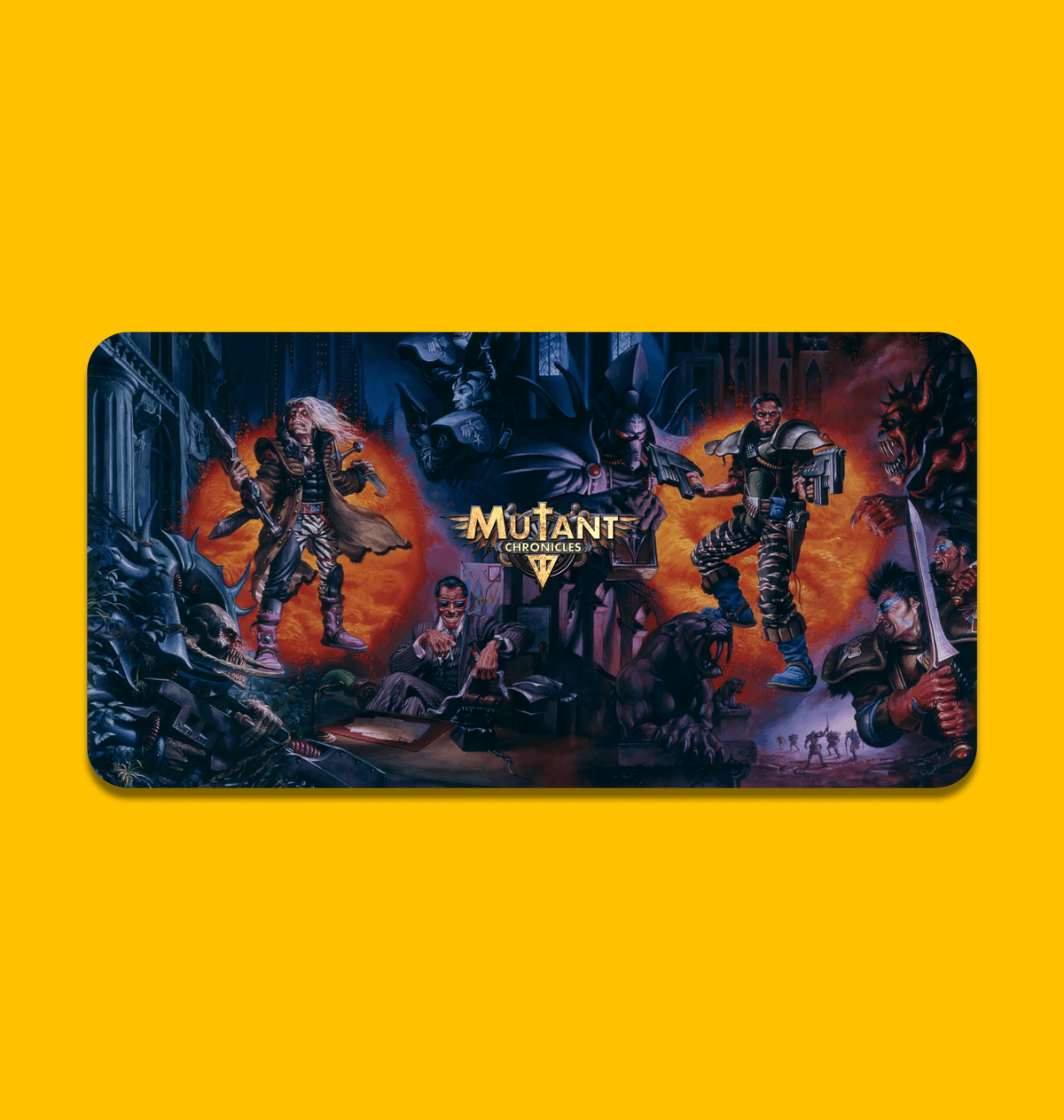 Mutant Chronicles -  Humanity and the Dark Legion Revealed Large Gaming Mat on Heroic Signatures yellow background