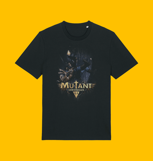 Mutant Chronicles - Mitch Hunter & Pride Freefall T Shirt on Heroic Signatures yellow background