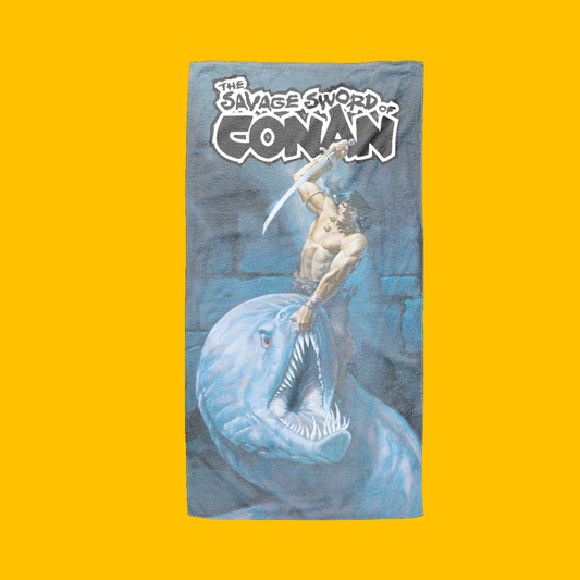 Savage Sword of Conan Jaws of the Drowned Dark Beach Towel on Heroic Signatures yellow background