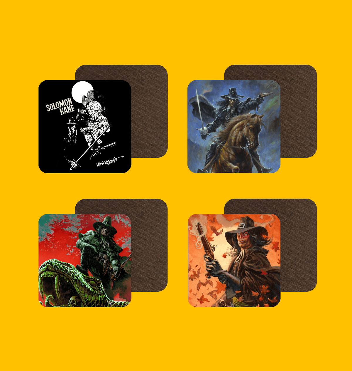 Solomon Kane - No Peace but the Sword and the Gun of God Coaster Set on Heroic Signatures yellow background
