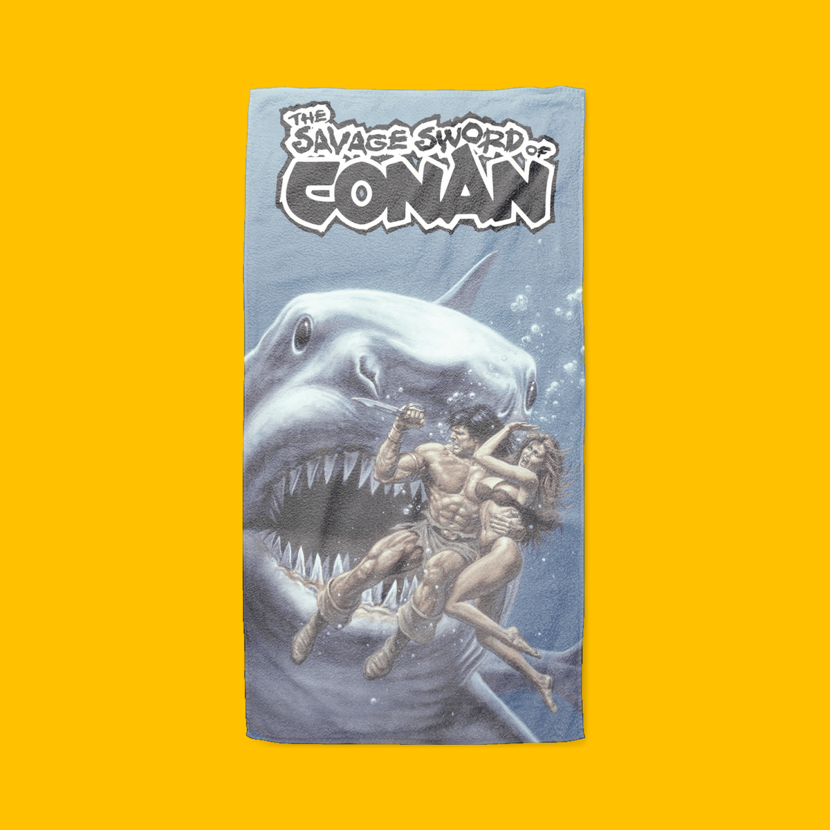 The Savage Sword of Conan Savage Depths Beach Towel on Heroic Signatures yellow background