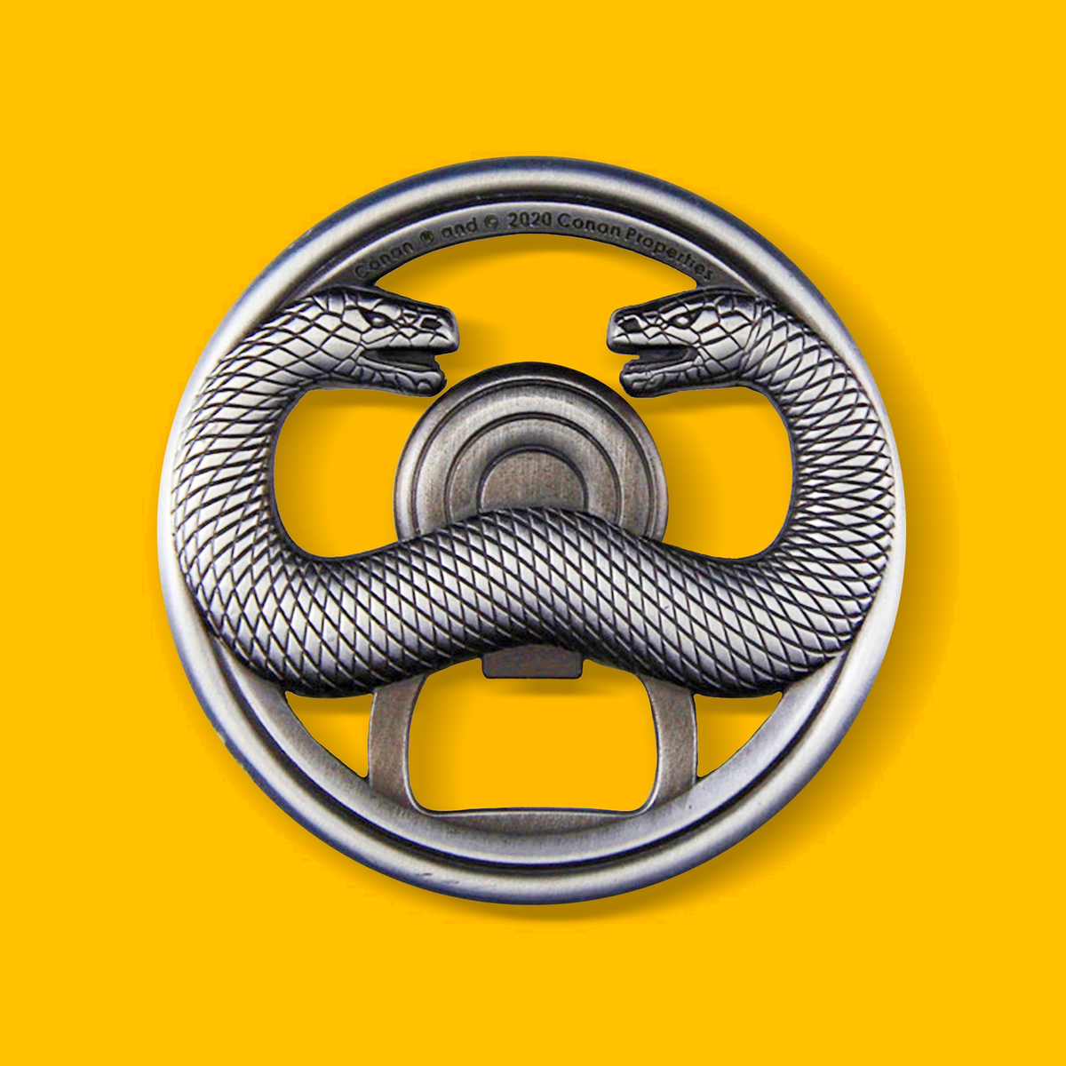 Thulsa Doom Bottle Opener - Battered Steel on a yellow background