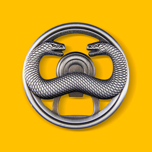 Thulsa Doom Bottle Opener - Battered Steel on a yellow background